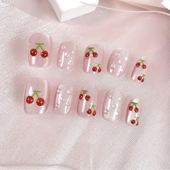 Cherry 3D Press On Nails handmade reusable 10 pc short length cat eye glossy NWT - Picture 3 of 9